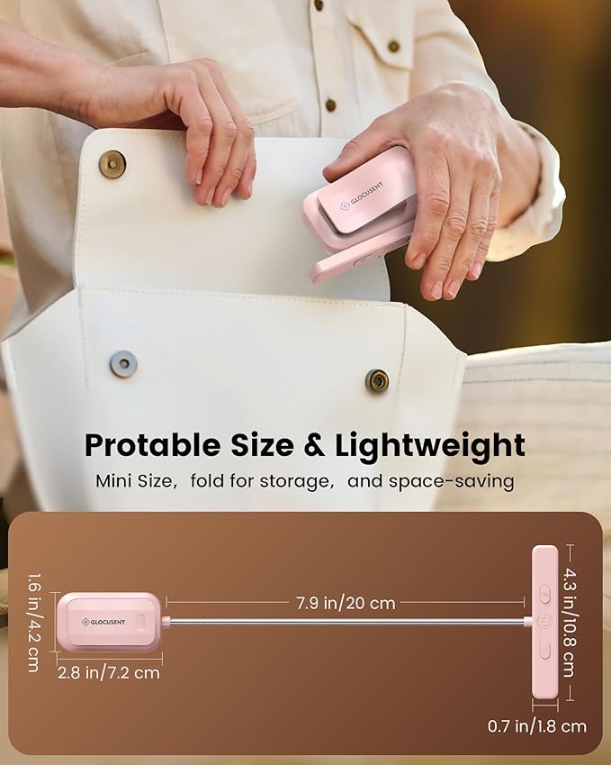 Glocusent 26 LED Book Light, 1200 mAh 90 Hrs Lasting Rechargeable Reading Light, 5 Amber Colors & Stepless Dimming Book Reading Light - Portable Clip on Light for Book Lovers Kids-Pink