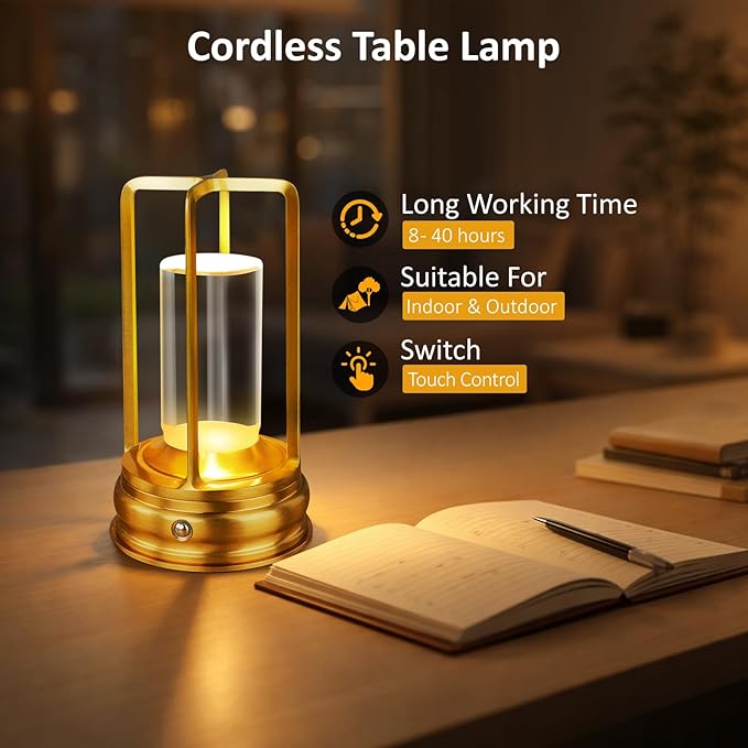 Rechargeable Table Lamp - 2-Pack Cordless lamp - Touch Control Lamp with 2000mAh Battery, 3000K Stepless Dimming Wireless Lamp for Bedroom, Dining Table, Counter & Living Room