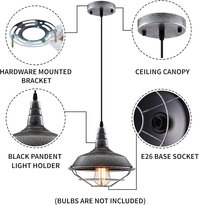 Black and Silver Pendant Light fixtures 10.5 inches 3 Packs, Matte Pendant Lights Kitchen Island, Industrial Pendant Light, Vintage Farmhouse Pendant Lights for Dinning Room Entryway Barn