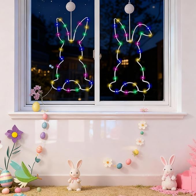 Happy Easter LED Bunny Window Light with Suction Cup, Windows Decorations Hanging LED Lights with Timing Function,Suitable for Indoor and Outdoor Easter Decoration, Family Gathering