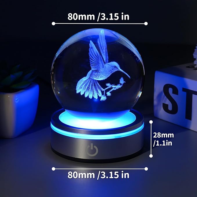 3D Hummingbird Crystal Ball Night Light with LED Colorful Touch Base 3.15 in Hummingbird Figurine Glass Sphere Lamp for Birthday Christmas, Cute Hummingbird Home Decor Gifts for Kids Teens Women