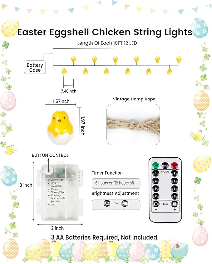 Easter Decoration String Lights, 10 FT 12 LED Eggshell Chicken Mantel Garland Battery Operated with Remote Timer 8 Modes, Hemp Rope Banner for Fireplace Table Wall Spring Party Indoor Outdoor Decor