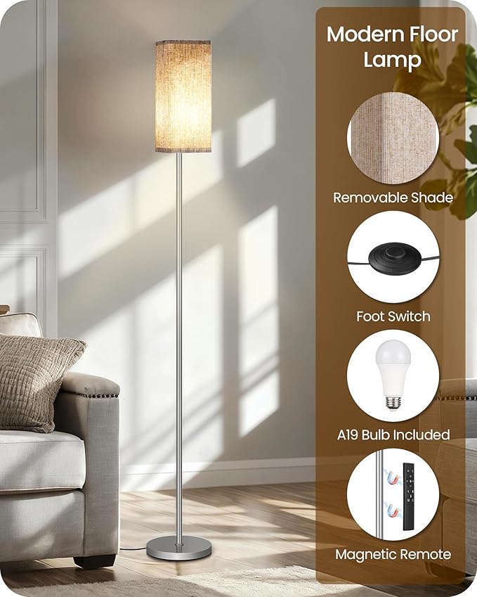 64.2'' Dimmable Floor Lamp for Living Room with Remote and Foot Switch, Corner Floor Lamp for Bedroom, Includes 10W A19 Bulb, Modern Standing Tall Lamp, ETL Listed Silver and Beige SE17LD05