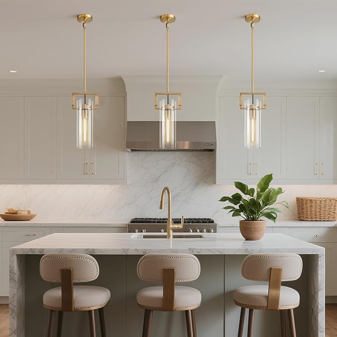 Modern Brass Island Pendant Light, 12'' Glass Pendant Lights, Gold Kitchen Island Pendant Light Fixture, Farmhouses Pendant Light, for Kitchen, Dining,Bathroom,Bedroom,Bulb Included