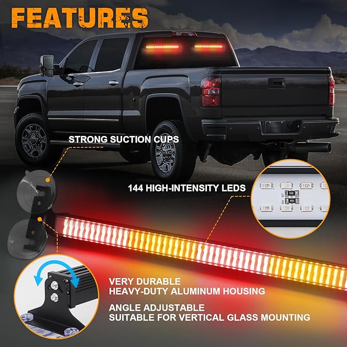 XRIDONSEN 2 in 1 Amber Red Traffic Advisor Light Bar 144 LED Warning Safety Interior Front/Rear Emergency Dash Windshield Strobe Lights for Firefighter Construction Vehicles Trucks Car (2x17.7 inch)