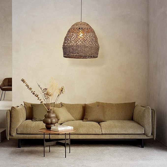 Arturesthome Rattan Woven Pendant Light for Kitchen Island, Hand-Woven Ceiling Chandelier, Handmade Natural Seaweed Hanging Lights Crafts Lampshade D 15.7in