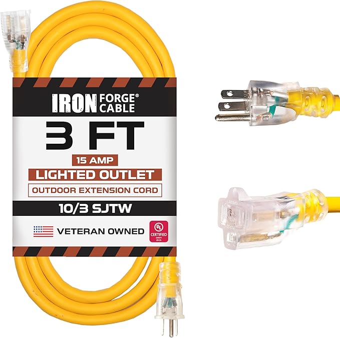 Iron Forge Cable Outdoor Extension Cord 3 Ft - 10 Gauge Heavy Duty Extension Cord, 15 AMP, 10/3 Yellow Power Cable SJTW Weatherproof with 3 Prong