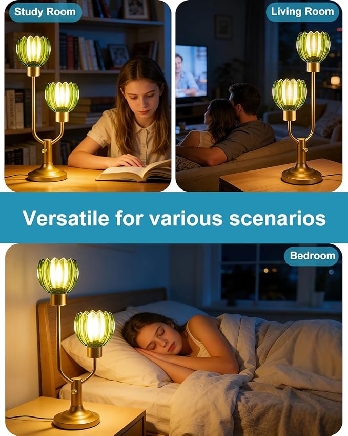 Lightdot Mid Century Modern Glass Table Lamp Gold Dimmable U-Shaped Desk Lamps with Green Glass Shade& 2Pcs 3000K Warmwhite Bulbs Included Bedside Nightstand Lamp for Living Room Bedroom