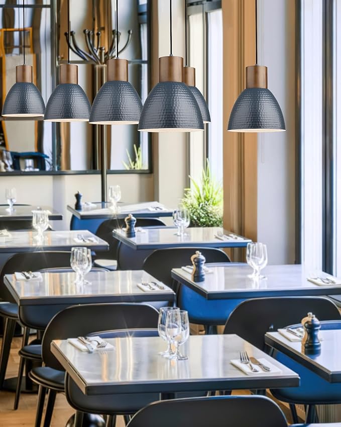 ELYONA 3 Pack Hammered Pendant Lights 7” Metal Solid Wood Hanging Light Fixtures Adjustable Height Industrial Pendant Lighting for Kitchen Island Dining Room Bedroom Bar Office, Modern Blue Small