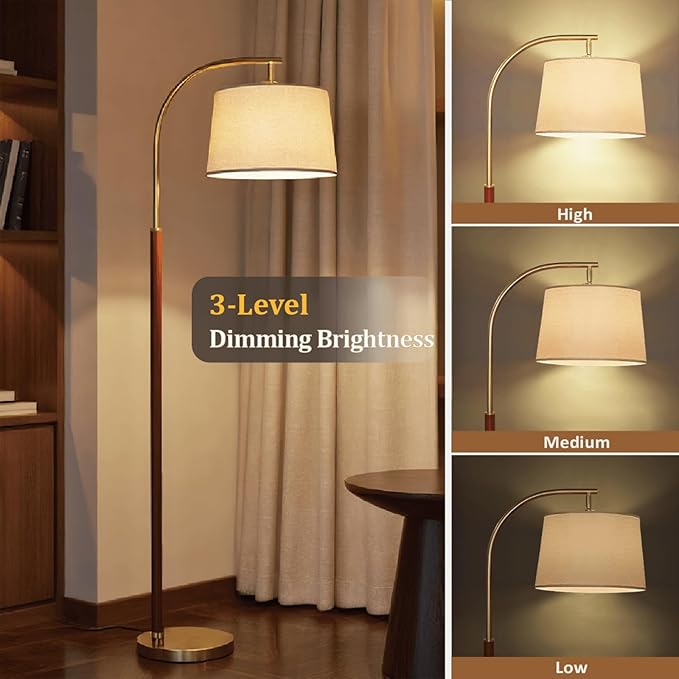 65” Walnut Gold Arc Floor Lamp for Living Room, 1200 Lumens 3-Level Brightness Mid Century Modern Floor Lamp for Bedroom, Wood Vintage Gold Standing Lamp, Adjustable Lampshade, LED Bulb Included