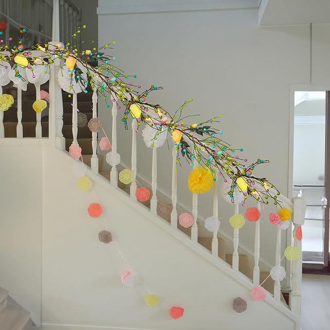 NEROSUN 2 Pack 12 FT 40 LED Battery Operated Lighted Easter Egg Garland with 8 Modes, Artificial Green Plastic Garland for Indoor/Outdoor Home Fireplace Party Door Decoration