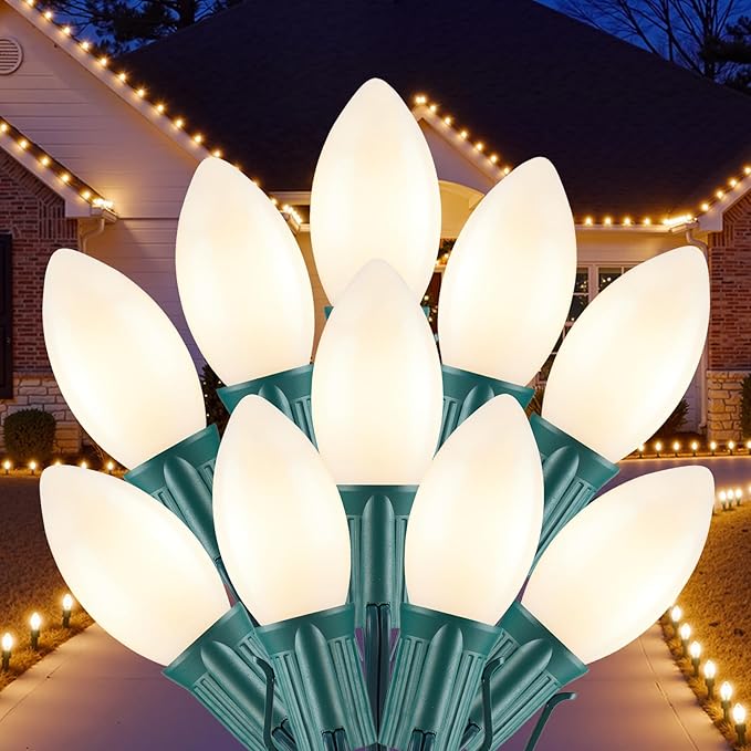 Brightown C9 LED Christmas Lights Outdoor, 100 FT 100 Warm White Connectable C9 String Lights for Christmas Tree Patio Roofline Garden Backyard Holiday Party Indoor Outdoor Decoration, Green Wire