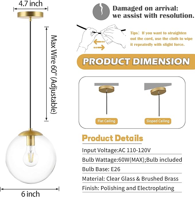 KoKo&Yukina 6-inch mini Modern Globe Pendant Light Clear Glass with Brass Finish Contemporary Mid Century Adjustable Hanging Light Fixture for Living Room Bedroom Kitchen Island (Bulb Incl.)
