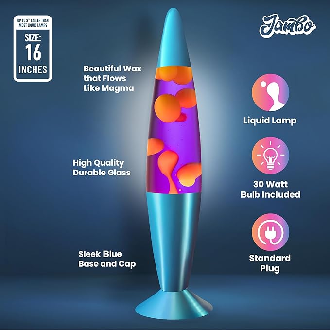 JAMBO 16" Beautiful Lamp- Purple with Yellow/Orange Wax, Relaxing Liquid Light, Night Light Nightlight, Home Decor Living Room Office Bedroom Lamp for Adults Teens Kids, Magma Motion