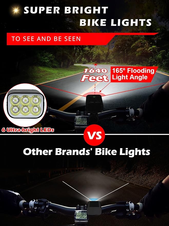 High Lumens Bike Lights Front and Back for Night Riding, 10000mAh USB Rechargeable 6 LED Bicycle Light, 5+5 Modes Bike Headlight and Tail Light Set Runtime 60+ Hrs, IPX5 Waterproof