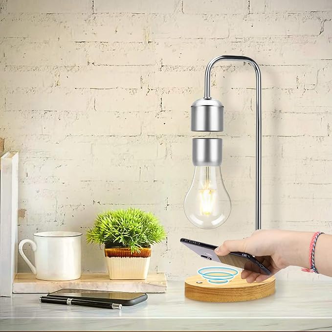 VGAzer Magnetic Levitating Floating LED Light Bulb with Wireless Charger Levitating Lamp (‎Silver)