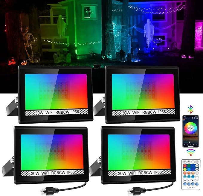 RGB LED Flood Light Outdoor 300W Equivalent, 30W Bluetooth RGBCW Smart Floodlights 2700K, 16 Million Color Changing, Timing, Music Sync, IP66 Waterproof Landscape Lighting with US Plug (4 Pack)