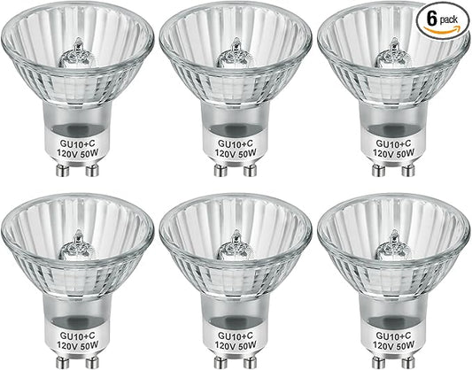 GU10 120V 50W Halogen Light Bulbs for Track and Range Hood, GU10+C Candle Warmer Lamp with Dimmable, 2700K Warm White, 6000+Hours Long-Lasting Pack of 6