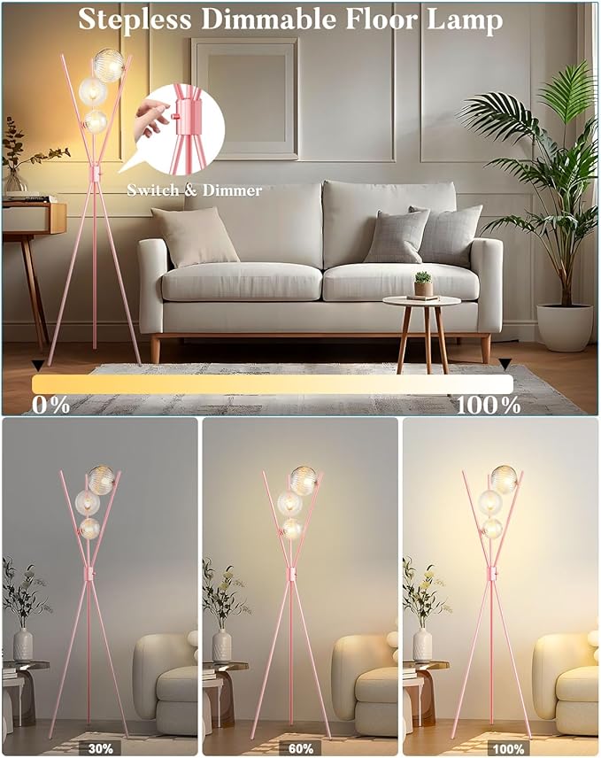 Lightdot Tripod Floor Lamp Dimmable Pink Standing Lamps with Globe Clear Glass Lampshade 3PCS 3000K Bulbs Included Mid Century Modern Floor Lamp for Living Room/Bedroom/Sofa Beside/Corner Decor