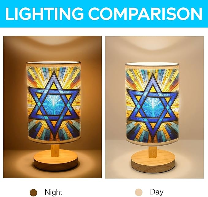Star of David Table Lamp LED 3-Color Pressed Bedside, Star of David Shade Lamp with Wood Base for Bedroom Living Room Desk Office TL01