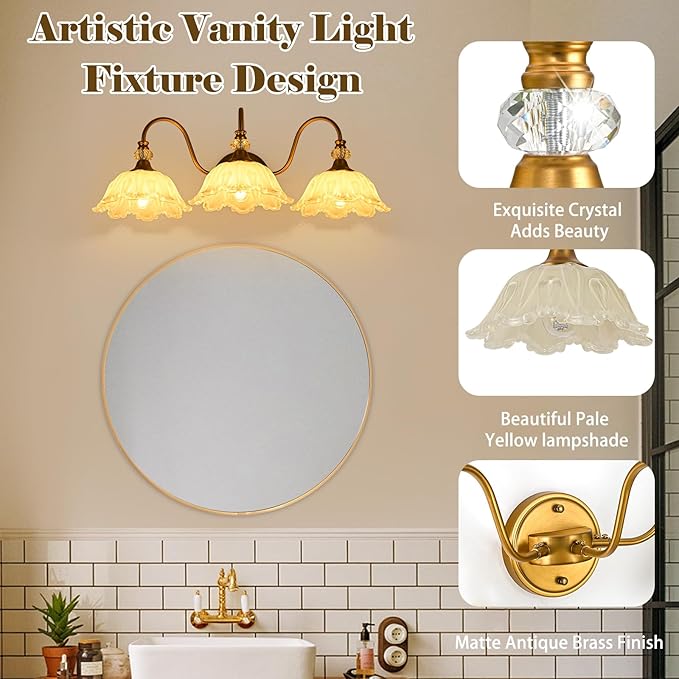 Vintage Bathroom Vanity Light, 3-Light Matte Brass Finish Vanity Light with Floral Yellow Glass Shades, Retro Wall Sconce for Bathroom, Dressing Table