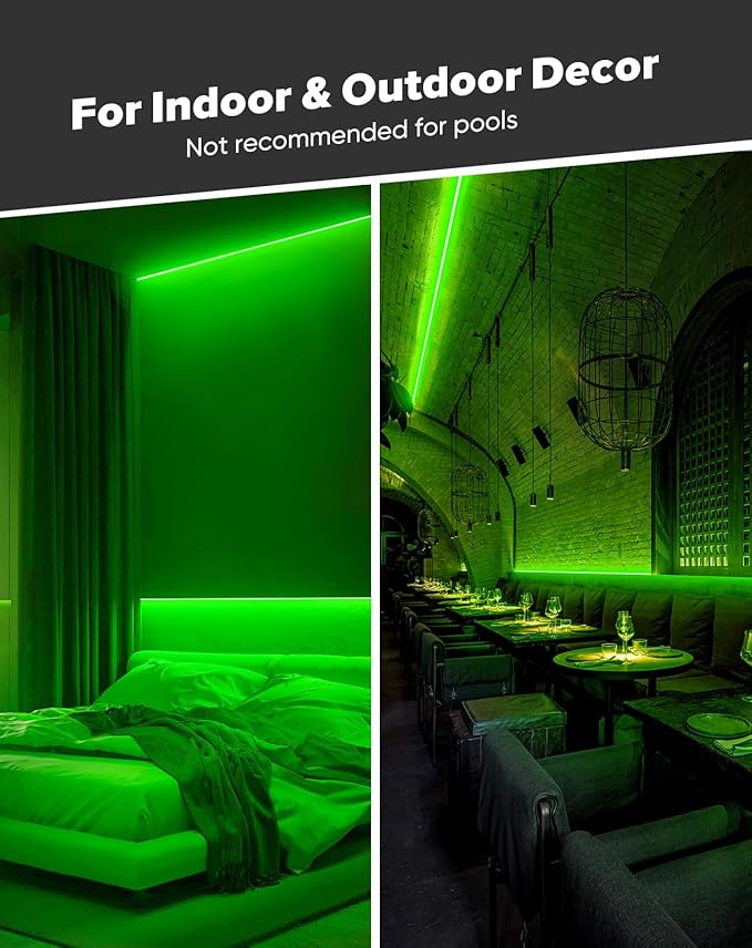 Shine Decor COB LED Rope Light AC 120V, 800lm Ultra Bright, IP65 Waterproof Cold-Resistant ETL Neon Strip, No Driver Tape Lighting for Home Commercial 10x4.5mm, Green, 32.8ft