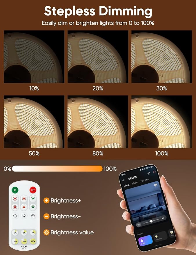 COB LED Strip Lights 4000K Natural White Music Sync Bluetooth LED Lights with DC24V Adapter Remote Smart App Control 16.4ft/5m CRI90+ Touchable LED Rope Lights for Bedroom Kitchen DIY Decor