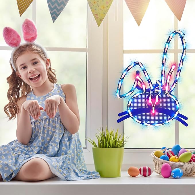 LAMPHOME 17" Lighted Blue Easter Bunny Head Window Silhouette