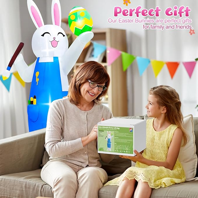 MICOCAH 8FT Easter Inflatables Outdoor Decorations Blow Up Bunny Painting Eggs Built-in LED Lights, Happy Easter Decorations Inflatable Bunny for Indoor Yard Garden Lawn Holiday Party Decor