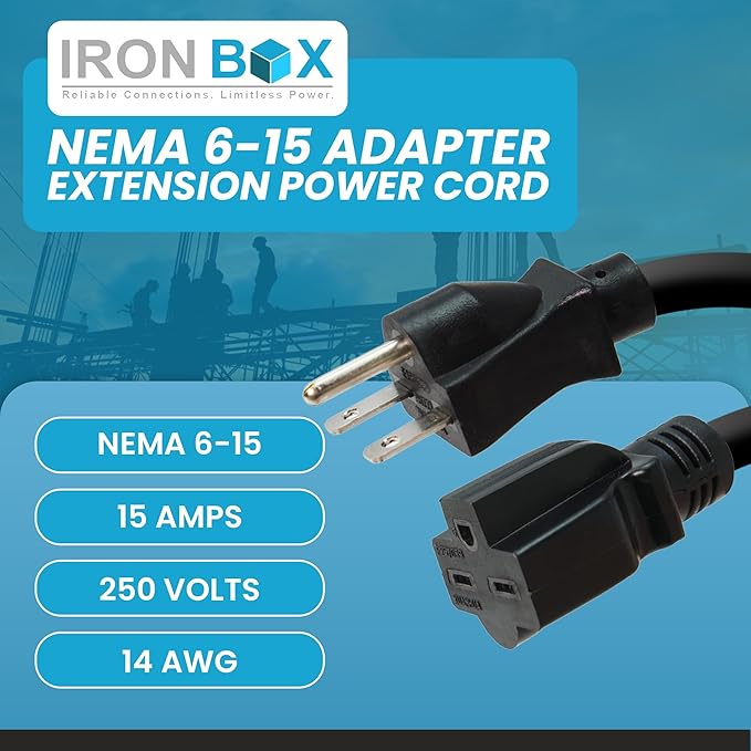 IronBox Electric - NEMA 6-15 Adapter Extension Power Cord - Rated for 15A/250V - 14 AWG Jacket - Heavy Duty Extension Cable - Weatherproof Design - Ideal for Indoor and Outdoor Use (15 feet, Molded)
