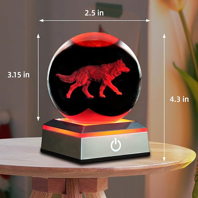 3D Wolf Crystal Ball Night Light 3.15 inch Glass Ball Table Lamp with Color Changing Touch Base Decor Ideal Wolf Statue Decor Gifts for Friends Kids Christmas Birthday