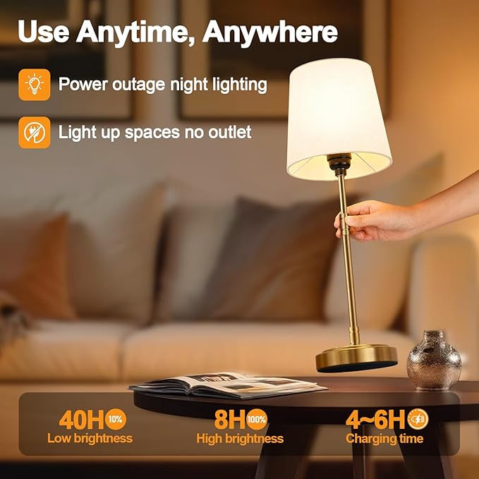 Cordless Table Lamps Set of 2 – Battery Operated Lamp with 7500mAh Rechargeable Battery, Stepless Dimmable Vintage Brushed Gold Desk Wireless Lamps for Dining Room, Nightstand & Patio (Bulbs Included)