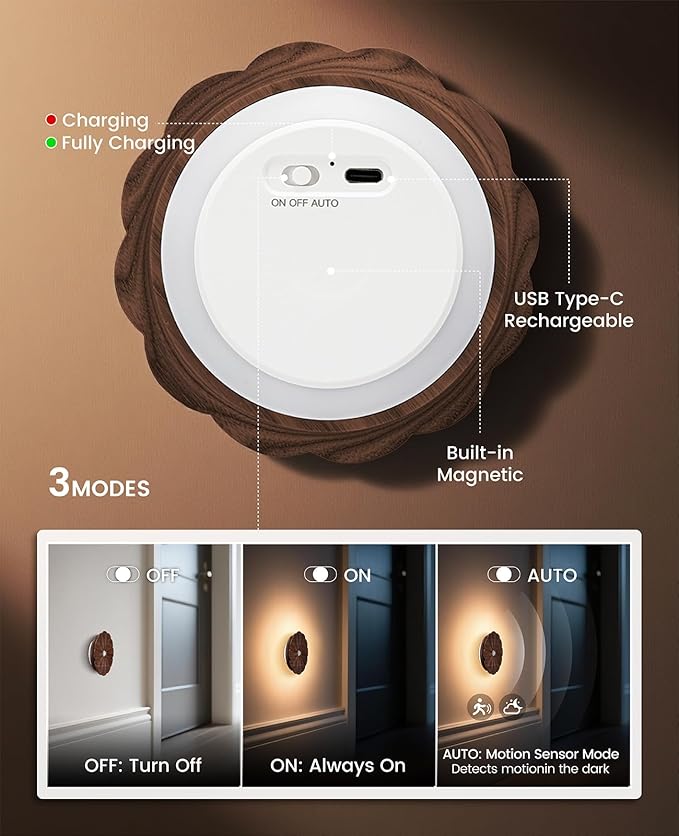Motion Sensor Night Light Wooden Carved Flower USB Rechargeable Stick-On Step Lights Magnetic Mini Wall Lights for Hallway Bedroom Living Room Stair (Black Walnut)