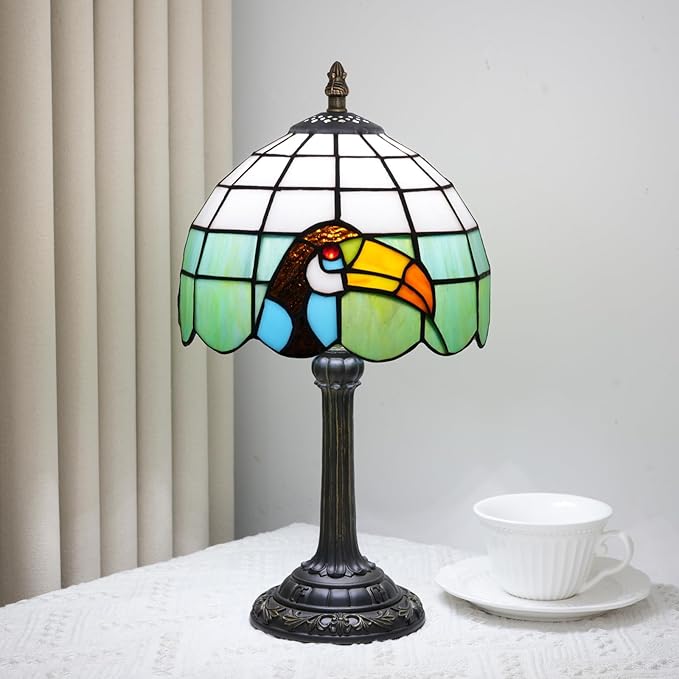 Small Tiffany Lamp Stained Glass Lamp Retro Style Bird Toucan Reading Bedside Table Lamp for Bedrooms Kitchen Dormitories Studies Antique Home Restaurant Office Decor Children's Gift 8 Inch
