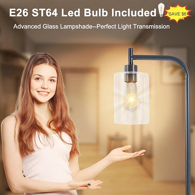 DLLT Floor Lamp Tall for Room: Grey Standing Lamp with Clear Glass Lampshade for Living Room - Modern Bright Lamp for Bedroom - Industrial Corner Floor Lamps for Office 8W Led Bulb Included