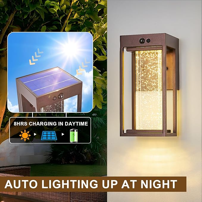 2Pk Oil Rubbed Bronze Solar Outdoor Sconces with 3 Modes Motion Sensor Crystal Exterior Light Fixtures with 4500K 250LM LED Outside Lights for House Waterproof Dusk to Dawn Solar Porch Lights