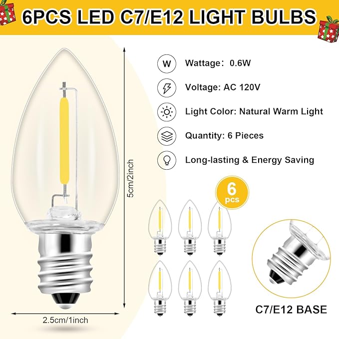 2Pack Accessory Cord with 6LED Bulbs and Outlet Christmas Village Light 14.8FT Blow Mold Light Cord with Spare Fuse Warm White C7 Lamp Christmas Village Accessories for Village Houses Craft Pumpkin