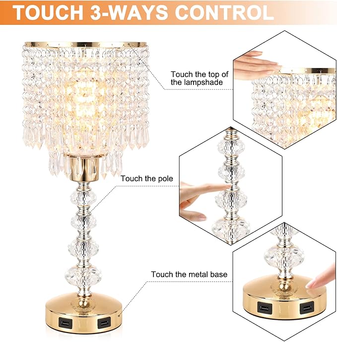 Acaxin Crystal Table Bedside Lamp Touch Control, 3-Way Dimmable Small Nightstand Lamp with 2 USB Charging Ports, Decorative Gold Tabletop Lamp for Bedroom, Living Room and Guest Room