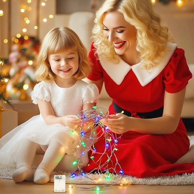 Fairy Lights Battery Operated String Lights 16.4ft 50LED Flashing and Constant Light Waterproof Silver Wire for Christmas DIY Party Wedding Decoration (Multicolor, 2 Pack)