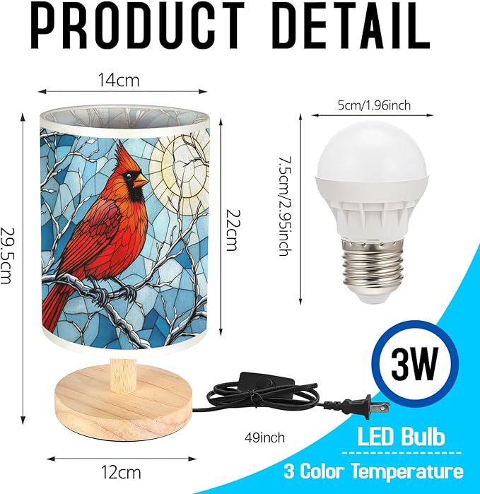 Cardinal Table Lamp LED 3-Color Pressed Bedside, Cardinal Shade Lamp with Wood Base for Bedroom Living Room Desk Office TL01