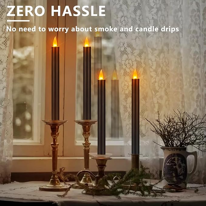Flameless Taper Candles 10" Dripless Battery Operated Taper Candles Included Remote Timer 400+ Hours by 2AA Batteries for Halloween Christmas Wedding (Black, 12 Pack)