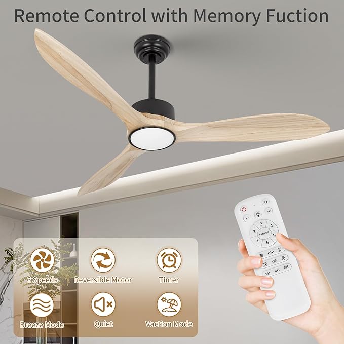 Wood Ceiling Fan with Lights,52Inch Ceiling Fans with Remote Control,Dimmable Light,3 CCT,6 Speeds,Noiseless DC Motor,2 downrod,Ceiling Fan for Bedroom,Living Room,Office,Indoor