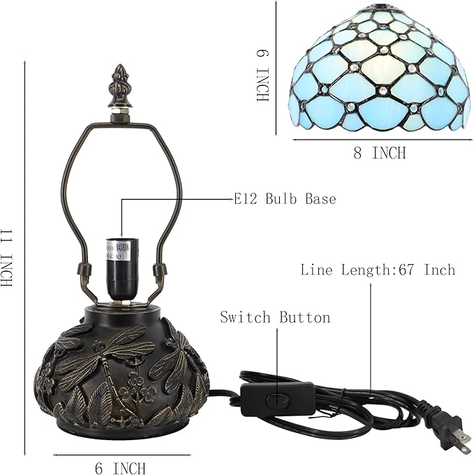 Small Tiffany Mushroom Table Lamp,Mini Memory Sympathy Antique lamp 8X11 Inch (Sea Blue Beads)
