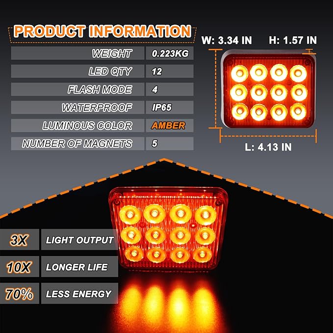 2PCS Amber Strobe Lights for Trucks, Rechargeable Flashing Lights for Vehicles, Battery Powered Surface Mount Flashing Warning Emergency Lights with Magnetic for Trucks Car,Trailer,ATV,Tow