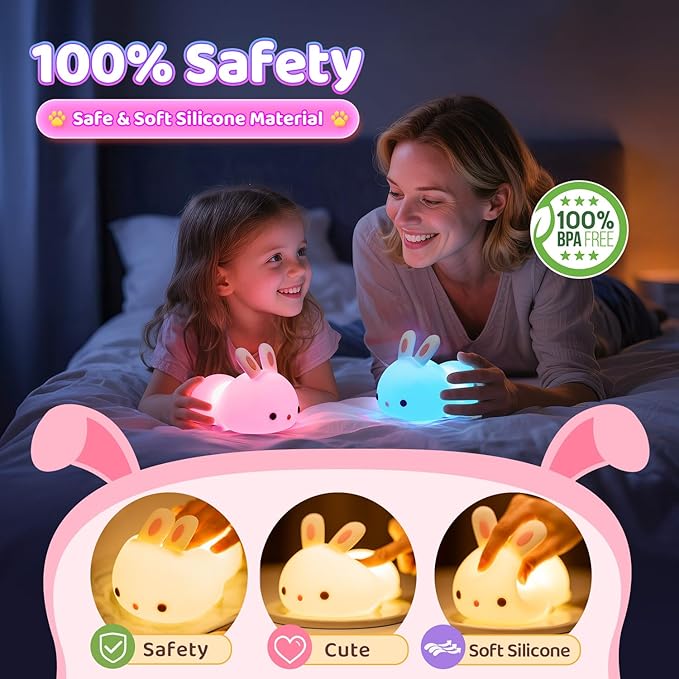 OneFire Easter Bunny Gifts for Kids, 16 Colors Night Light for Kids Cute Lamp, Soft Silicone Baby Night Light, 1200mAh Portable Dimmable Bunnies Touch Lamps, Easter Gifts Bunny Toys Kawaii Room Decor