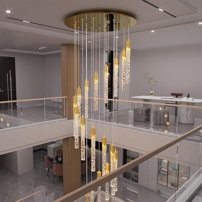 Flashing God Gold 20 Lights High Ceiling Chandelier Modern Dimmable Light Fixtures Foyer Chandelier Pendant Lighting Crystal Ceiling Chandeliers Fixtures for Villa Staircase Hallway 11.5feet Long