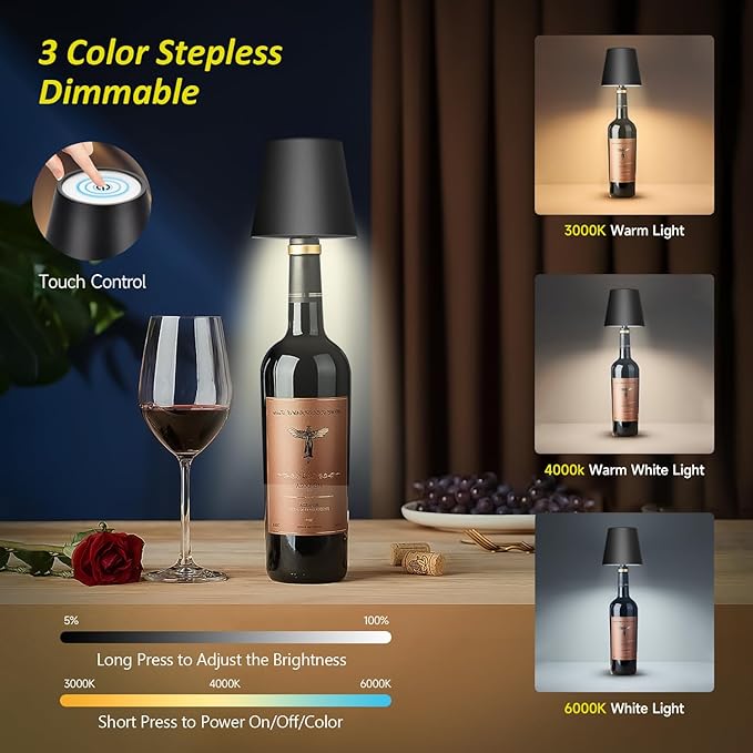 2025 New Wireless Bottle Lamp - LED Bottle Lights for Liquor & Wine Bottles, Cordless Lampshade, Whiskey Bottle Top Light, Bottle Stopper Night Light Kit, Rechargeable 3-Tone Touch-Dimmable 2 PCS