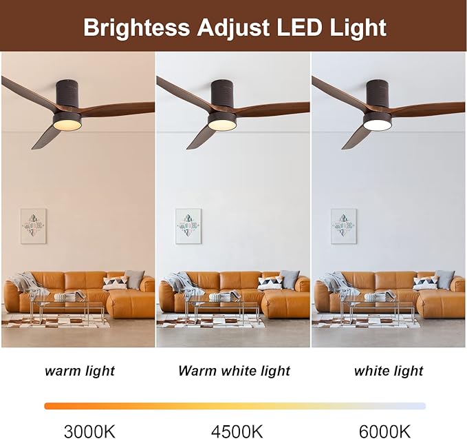 52 Inch Flush Mount Wood Ceiling Fans with Lights Remote Control, Dimmable LED Noiseless Reversible DC Motor,Solid Wood 3 Blade Brown Body