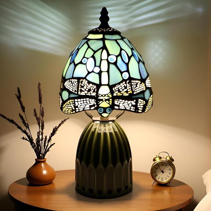 Tiffany Lamp Stained Glass Mushroom Table Lamps 6X6X12.5 Inch Sea Blue Dragonfly Style Small Night Light Ceramic Base Mini Accent Desk Light Suitable for Bedside Table Bedroom Children Room