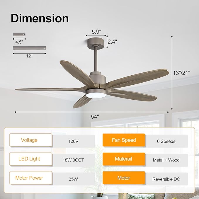 WINGBO 54" Ceiling Fan with Light - 5 Carved Solid Wood Blades, 6-Speed Reversible DC Motor, Dimmable, 3CCT, Noiseless Remote Control Ceiling Fans with Lights for Bedroom Living Room, Charcoal Gray